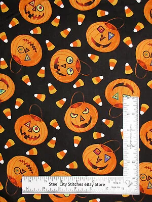 Halloween Fabric Pumpkin Faces Candy Corn Witchful Thinking Cotton By Blank Yard • $10.98