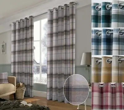 1 Pair WARRINGTON Faux Wool Tartan Eyelet Blackout Lined Bedroom Lounge Curtains • £16.99