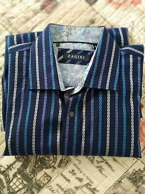 Men's Zagiri Dark Blue/Patterned Stripe Button Down Shirt...XL  • $18.50