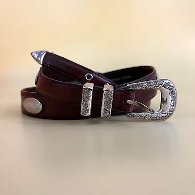 Vintage 1990s Brown Genuine Leather Silver Plated Western Belt Plus Size 52” 4X • $29