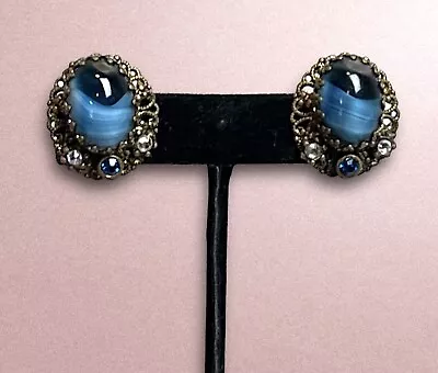 WEST GERMANY Blue Porphyry Slag Givre Art Glass Filigree Rhinestone VTG Earrings • $59