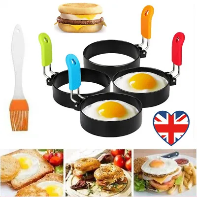 4Pcs Non-Stick Egg Rings Frying Egg Pancake Crumpet Burger Mold & Oil Brush UK • £5.69