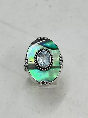 Merav Sterling Silver Abalone & Light Blue Topaz Ring Sz 9 9.1g 1” • $39.99