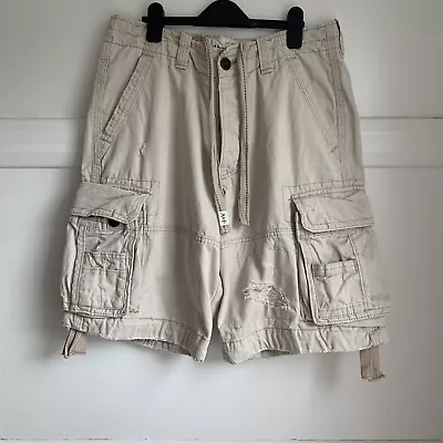 Abercrombie & Fitch Cargo Shorts Mens W32 Ecru Distressed Heavyweight Cotton • £37.61