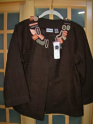 Chico's Burundi Beat Bead Embellished Cropped Jacket Chocolate Brown Size 1 NWT • $35