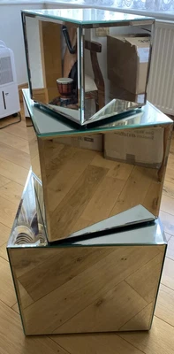 £70 • Buy Cubed Venetian Mirrored Nest 3 Tables Stack Coffee Lamp Glass Heavy Unique Decor