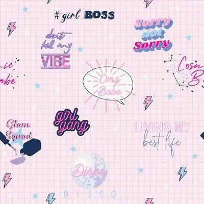 Grandeco Glam Squad Pink Girls Slogan Disco Stars Wallpaper 163601 10m Roll • £9