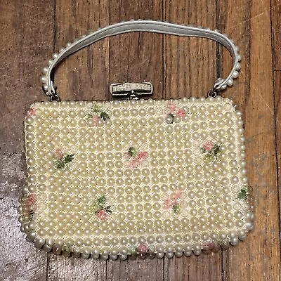 Vtg 50s Grandee Purse Ivory Embroidered Floral Bubble Beaded Handbag Cute Clasp • $13.50