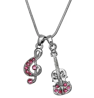 Beautiful Pink Crystal Treble G Clef And Violin Music Note Pendant Necklace • $12.95