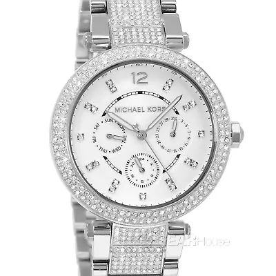 Michael Kors Parker Womens Glitz Crystals Watch White Dial Pave Stainless Steel • $134.56