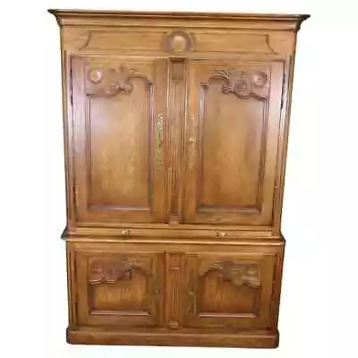 Baker Solid Oak Country French Breakfront China Cabinet With Desk Lighted • $2695.50