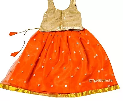 $45.42 • Buy Orange Kids Lehenga Choli Set, Indian Kids Dress, Readymade Choli, Girls Outfits