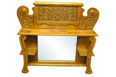 Antique Tiger Oak Carved Wall Shelf Etagere Mantle Top & Mirror Ca 1890 PA4159 • $275