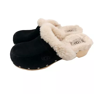 UGG Clog Kalie Black Suede Wood Heel Genuine Fur Sheep Shearling Lined Size 10 • $34.99