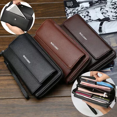 Leather Clutch Purse Wallet Men Wristlet Phone Holder Bag Pack Business Handbag • $12.98