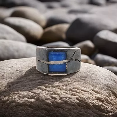 Blue Sapphire Ring 925 Sterling Silver Ring Signet Mens Ring Black Crack Ring • $56.95