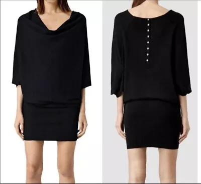 AllSaints Black Elgar Knit Off The Shoulder Cowl Jumper Midi Dress Size 14 • £35