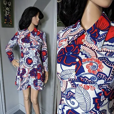 £39.99 • Buy Vintage 60s Floral Psychedelic Red Navy Mini Dress Mod 6 8 34