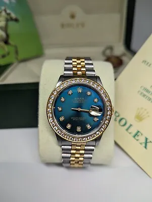 Men's Rolex 36mm DateJust 18K Gold / Steel Watch With Blue Dial & Diamond Bezel. • $5700