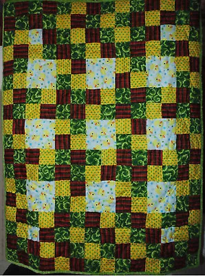 NEW Handmade Crib Quilt Green & Yellow Nine Patch Quilted W Ducks & Fish 34 X 45 • $18.27