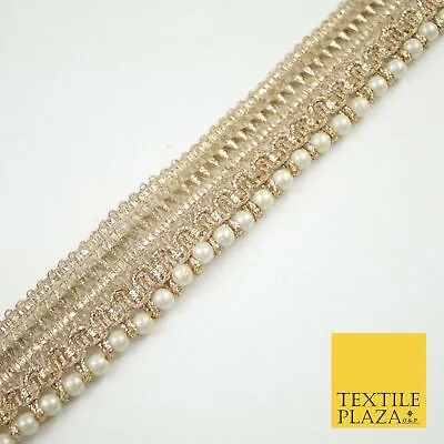 Gold Metallic Ribbon & Pearl Trim Border Ribbon Gota Lace 2.5cm Wide X691 • £2.75