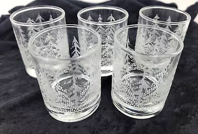 Set Of 5 Vintage Libbey Clear Glass Candle Holders W/ Frosted Tree Design USA • $19.99