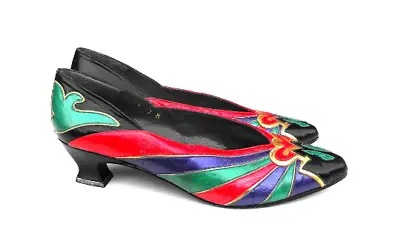 1980s Margaret Jerrold Glam Louis Heels Red Purple Green Black Pumps Shoe Size 7 • $95