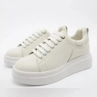 New Zara Women’s White Athletic Platform LEATHER SNEAKERS  Size 37/6.5 • $49.99