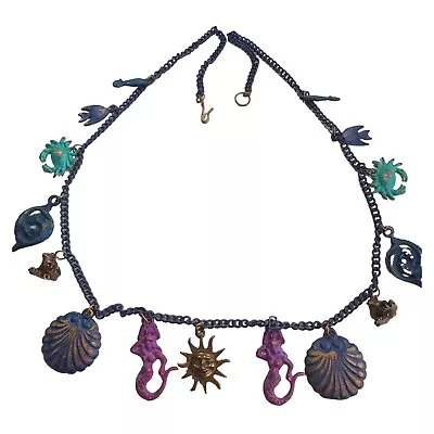 Artisan Sea Life Necklace Crab Mermaid Shell Frog Sun Purple Chain Link • $36.88