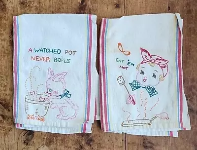 Embroidered Dish Towels Set Of 2 Bunny With Pot And Girl With Flapjacks Vintage • $12.50