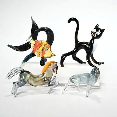 Murano Art Glass Small Animal Figurines 4pc Group Lot Fish Horse Black Cat Dog • $70