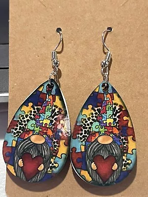 Graphic Earring Sublimination- Multicolor- Gnomes With Puzzle Pieces And Heart • $6.50