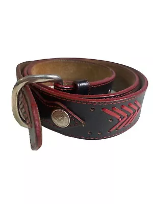 Vintage Leather Belt Size 42 Black Silver Concho Red & Black Stitching Western • $19.97
