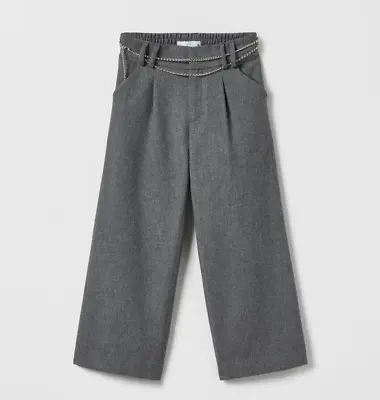 Zara Kids Girls 7 Chain Belted Wool Blend Trouser Pants Wide Legs Gray • $22.79
