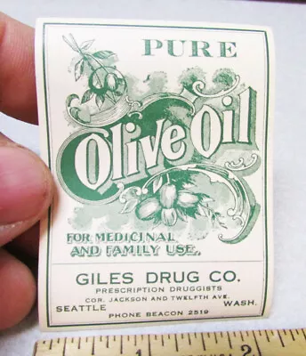 Vintage Original Label - Olive Oil Giles Drug Store Seattle Washington NEW  • $4.99