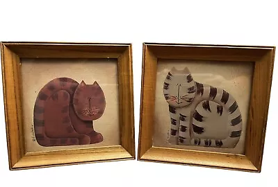 Set Of 2 Vintage Framed 7.5”x7.5” Striped Cats Signed Fiddlestix Folk Art EUC • $22