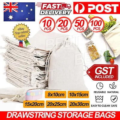 10-100Pcs 7 Sizes Drawstring Storage Bags Calico Bags Linen Tote Gift Bag Bulk • $13.95