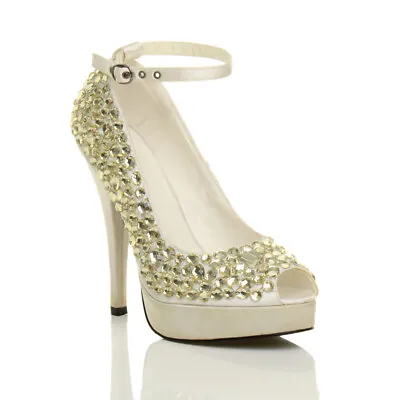 Womens Ladies Wedding Evening Sandals Bridal Prom Party High Heel Shoes Size • £12.99