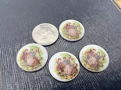 $7 • Buy Lot Of 4 Vintage Porcelain Glass Round Cabochons 18mm Courting Couple Victorian