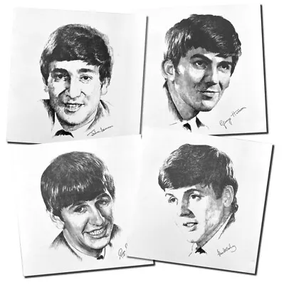 The Beatles - Set Of Four Detailed Line Drawings 12.5”x 12.5” - Circa 1964 • $115