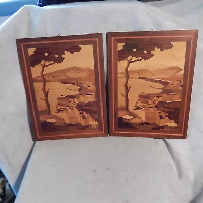 Pair 2 Vintage Wood Picture Marquetry Inlaid Italian Inlay Italy Coast Art • $49.95