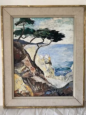 Vintage MCM Painting California Monterey Tree Seascape Impasto Santa Barbara O/B • $250