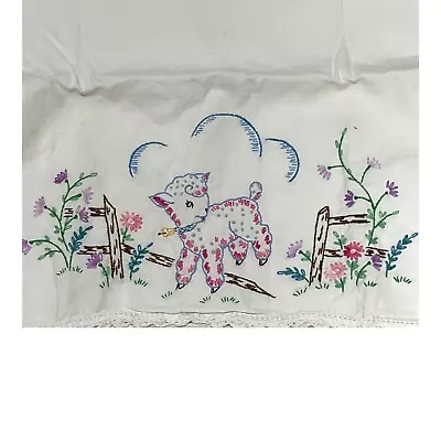 Lamb Floral Hand Embroidered Cottage Granny Core Sheep Pillowcase 20X27 Vintage • $19.49