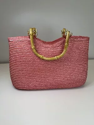 VINTAGE St Johns Bay Light Raspberry Magenta Woven Handbag Purse Bamboo Handles • $13.99