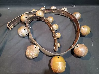 Cast Brass Petal Sleigh Bells On Neck Leather Strap 17 Numbered Bells Amish • $450