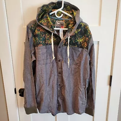 Mens Size XL Button-Up Hooded Shirt Shacket Camo & Gray Modern Amusement NWT Pac • $24.98