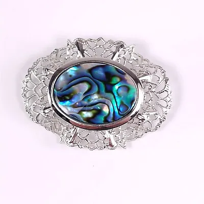 Silver Filigree Mother Of Pearl Iridescent Brooch Pin Art Deco Jewelry • $7.35