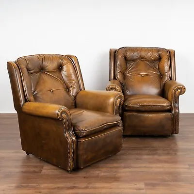 Pair Vintage Brown Leather Lounge Arm Chairs Denmark 1980 • $2400