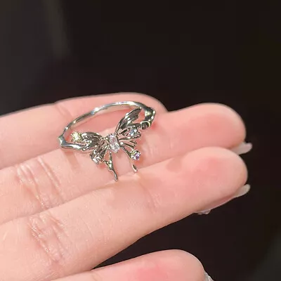 925 Silver Butterfly Ring Crystal Open Ring Adjustable Size Women Jewelry Gift • $1.01