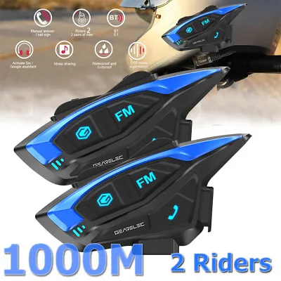 2PCS Motorcycle Bluetooth 5.1 Intercom FM Helmet Headset 2 Riders 1000m Range • $69.99